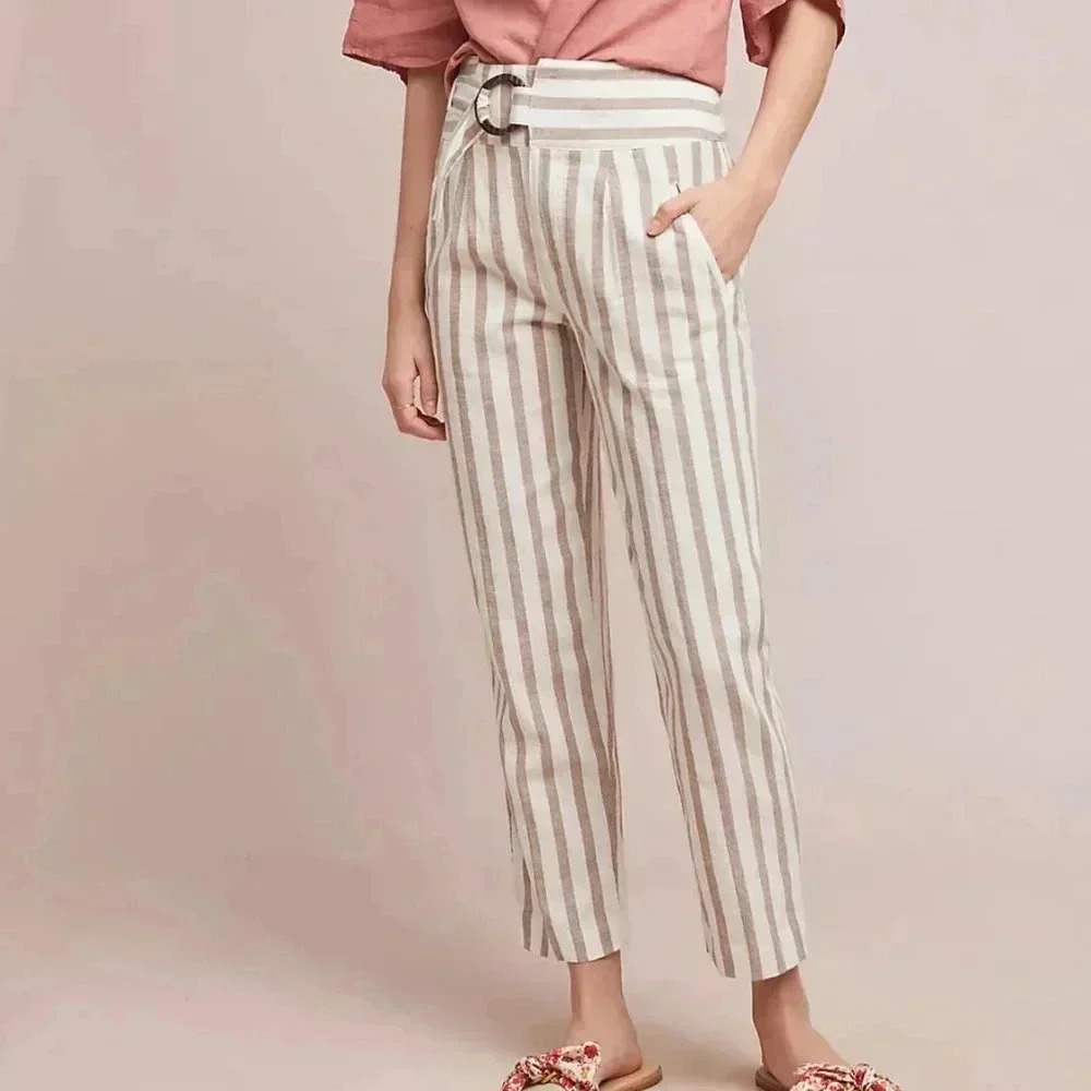 Anthropologie Beige and White Striped Ankle Pants